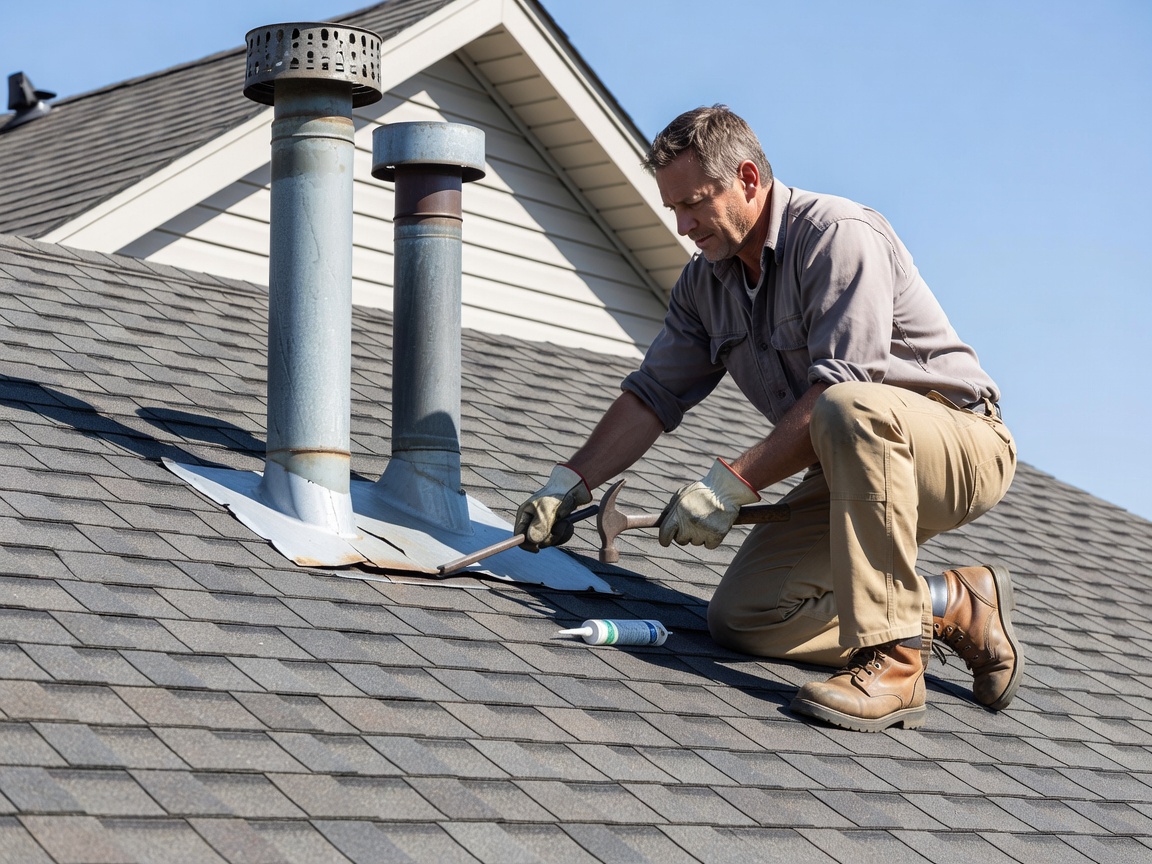 Detail work repairing roof flashing around vent pipes on pitched home roof