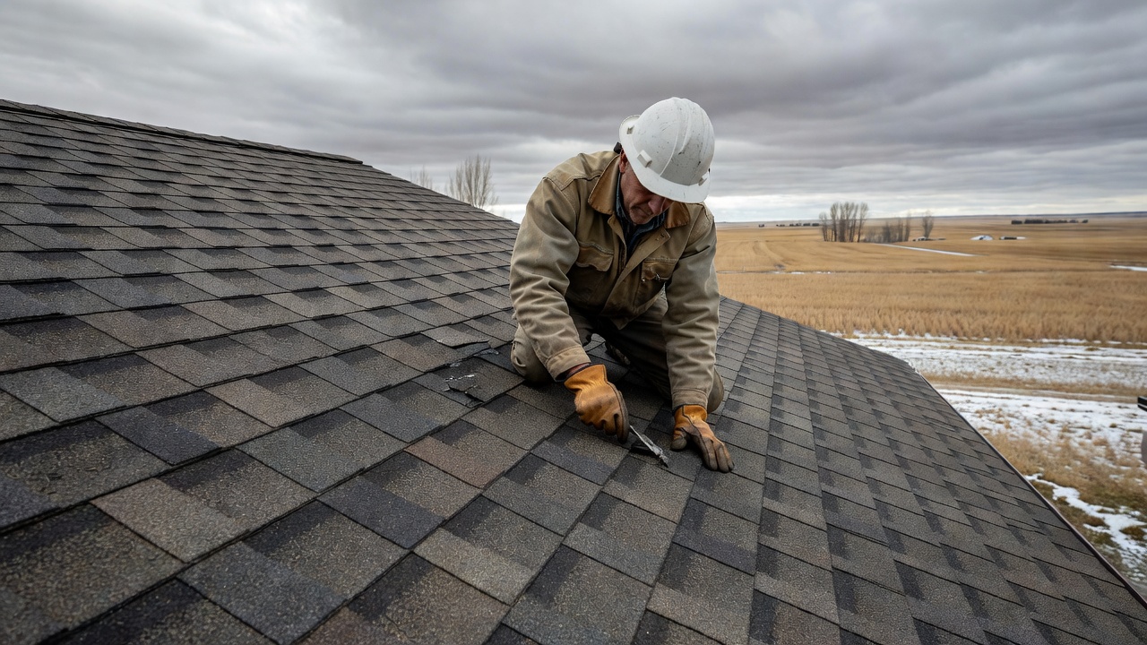 Professional roofer inspecting residential roof shingles in Saskatchewan