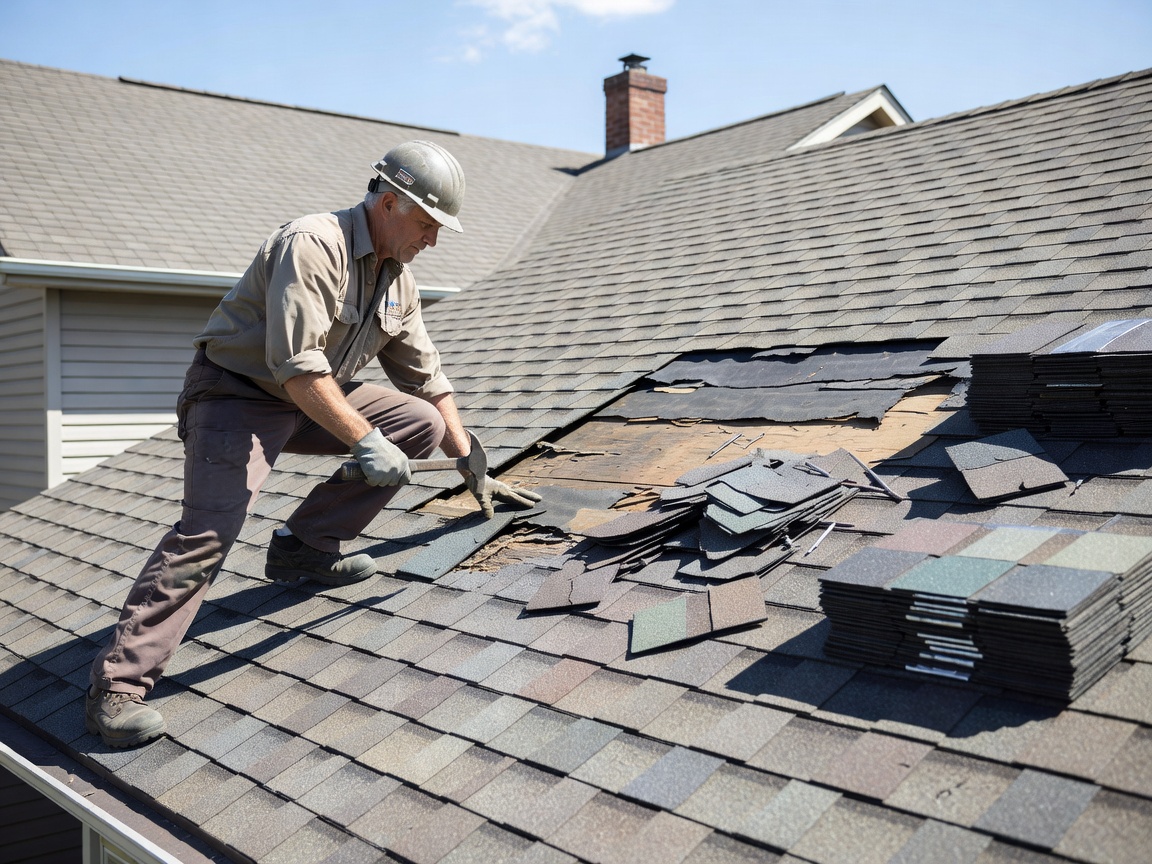 Roofer replacing damaged asphalt shingles on a home pitched roof