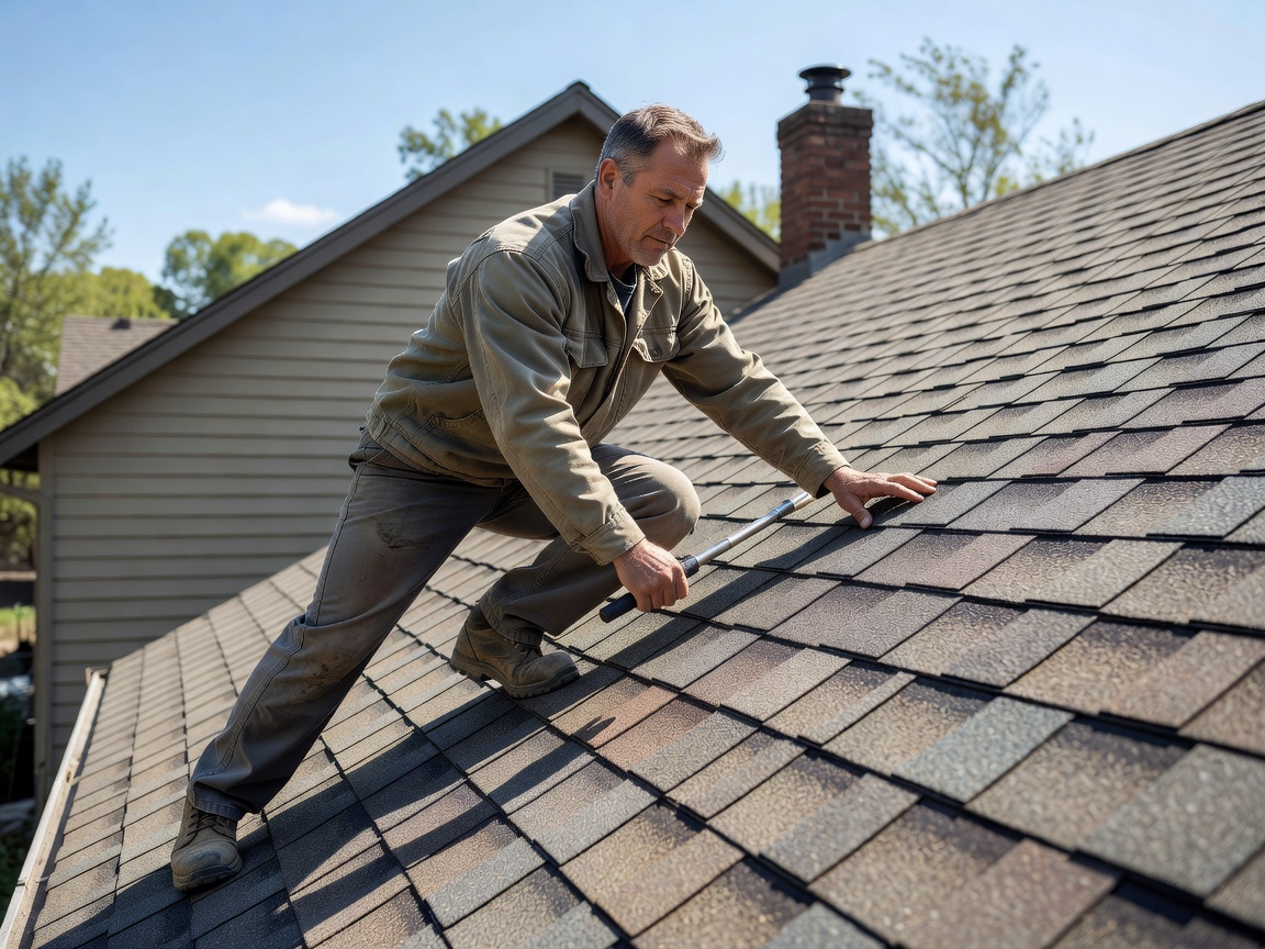 Roofing professional inspecting residential roof pitch